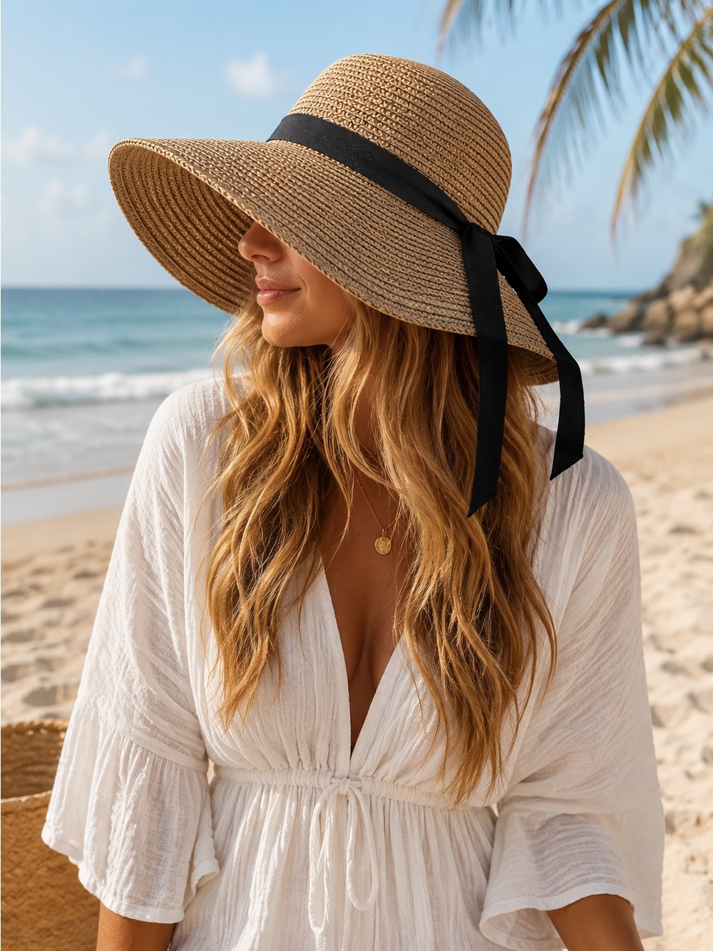 Danielle Meucci Wide Brim Straw Sun Hat with Black Ribbon